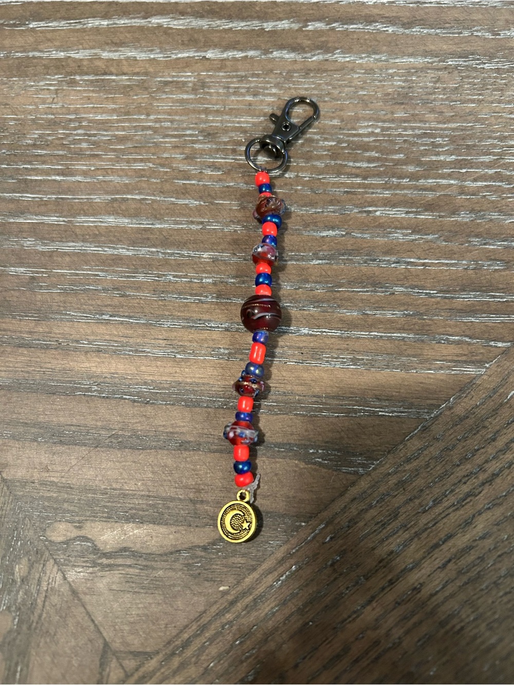 Beaded Red & Blue bag Charm/Keychain with Gold Charm